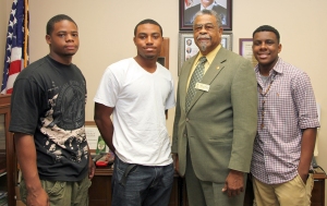 The three newest UAPB USDA/1890 National Scholars are (left-right) Elijah Muhammad, agriculture major, Chicago; Matthew Dismuke, plant science major, Camden, Ark.;  and Michael Jones, (extreme right), regulatory sciences/ environmental sciences major, Monticello, Ark.; with  George Richardson, USDA/1890 program liaison.